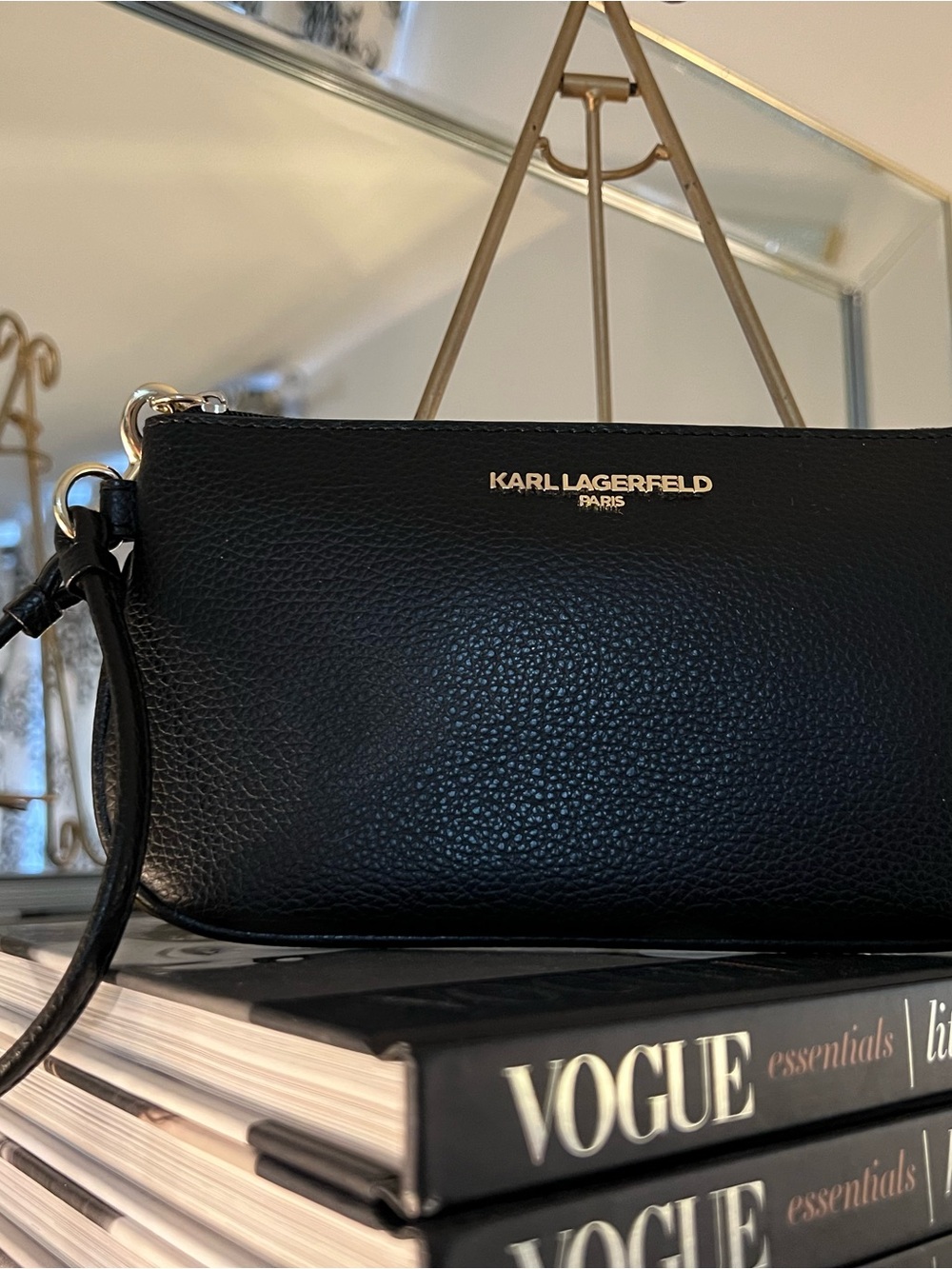 Karl Lagerfeld Black Pebbled Leather Wristlet Clutch